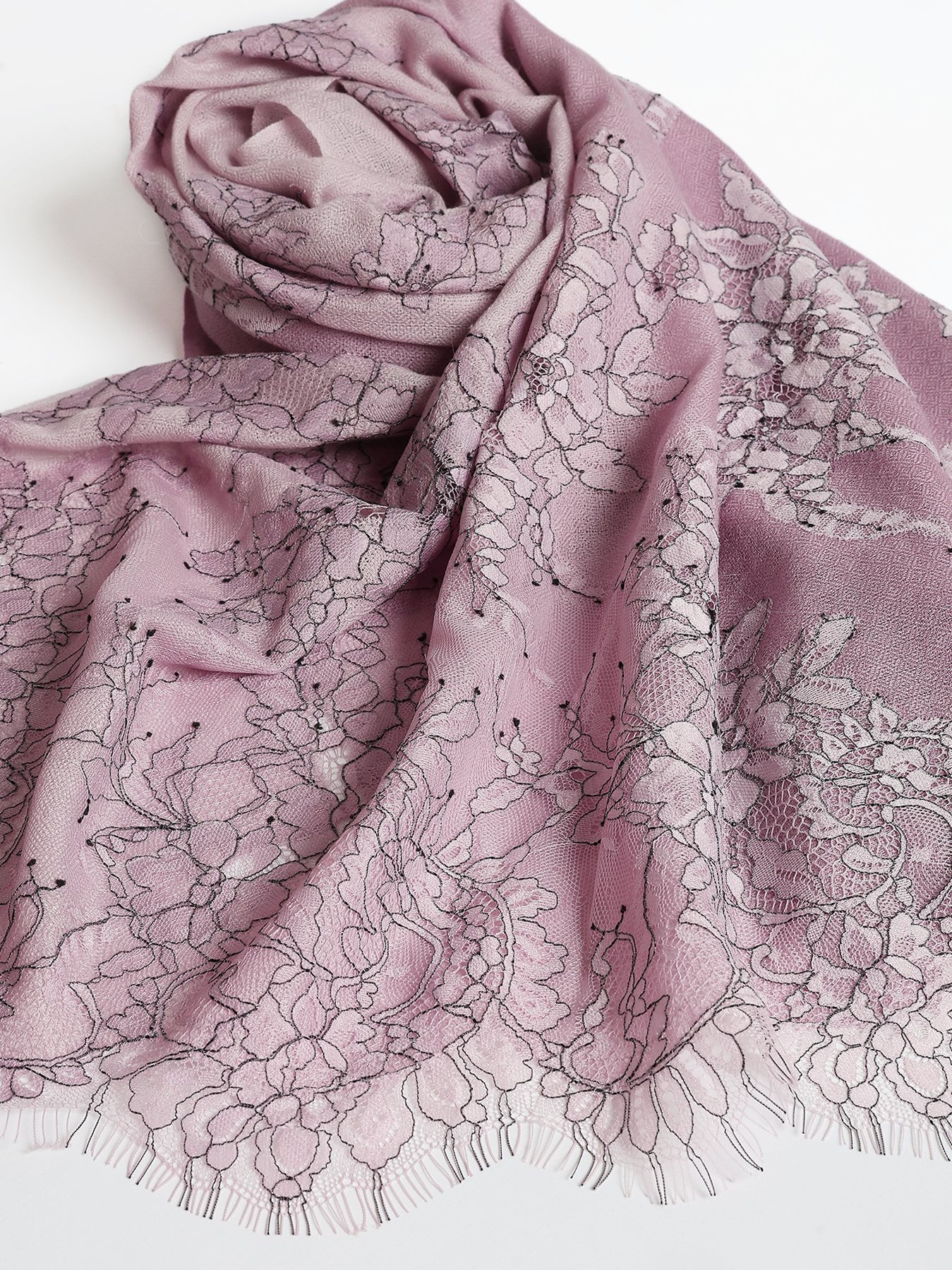 Mauve & Black Lace-Trimmed Stole