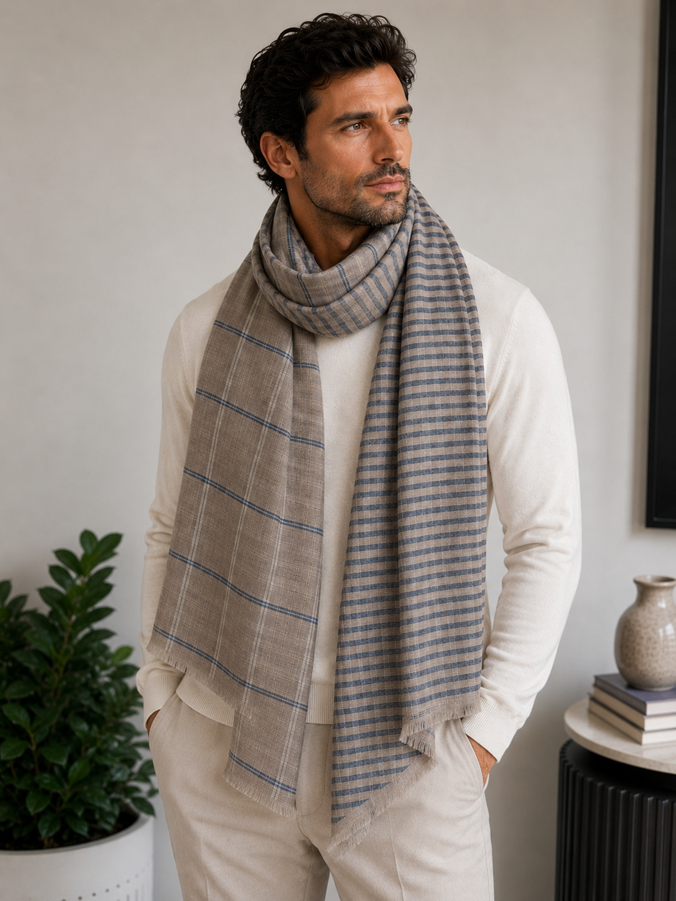 Coastal Taupe Reversible Check Stole