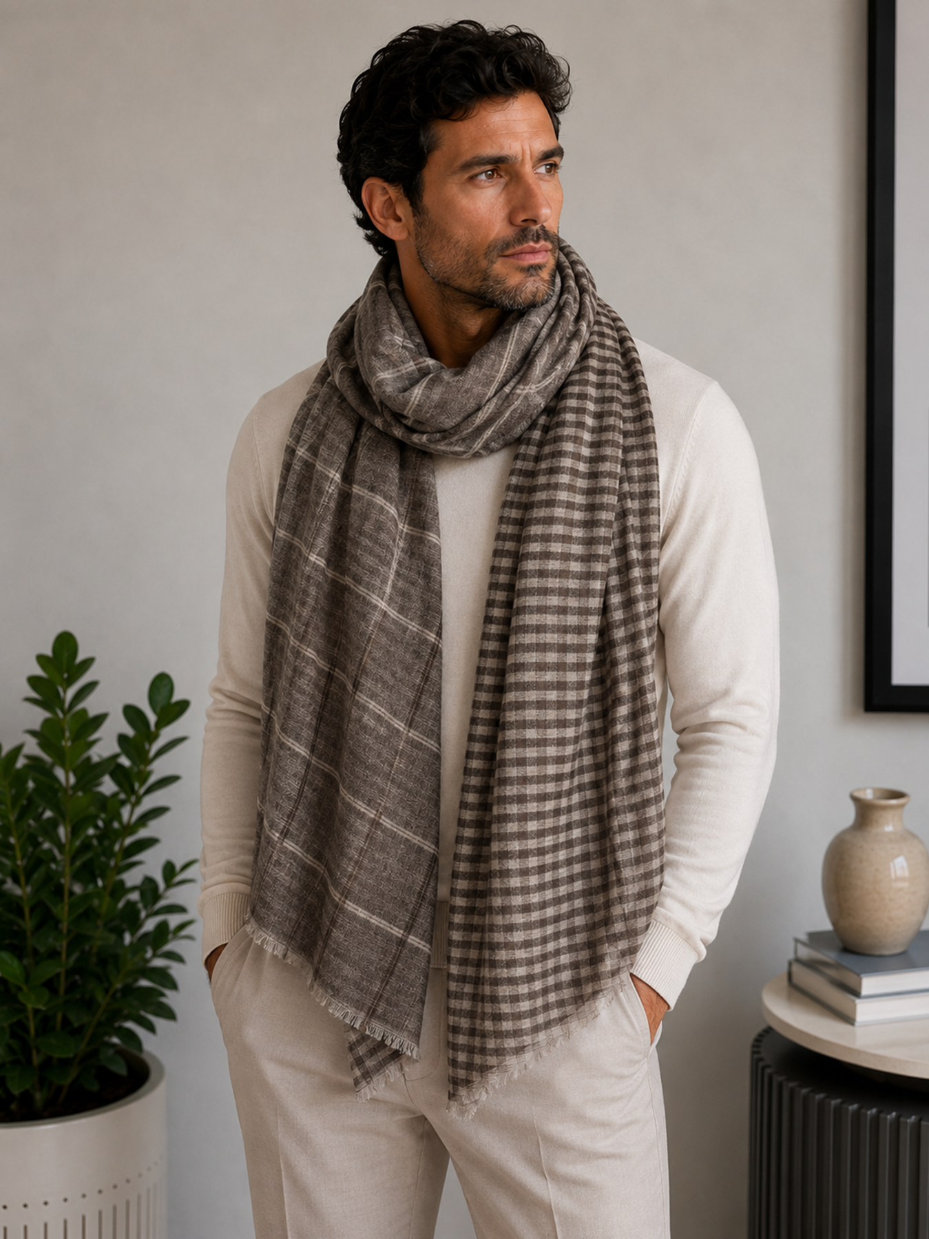 Mushroom Taupe Reversible Check Stole