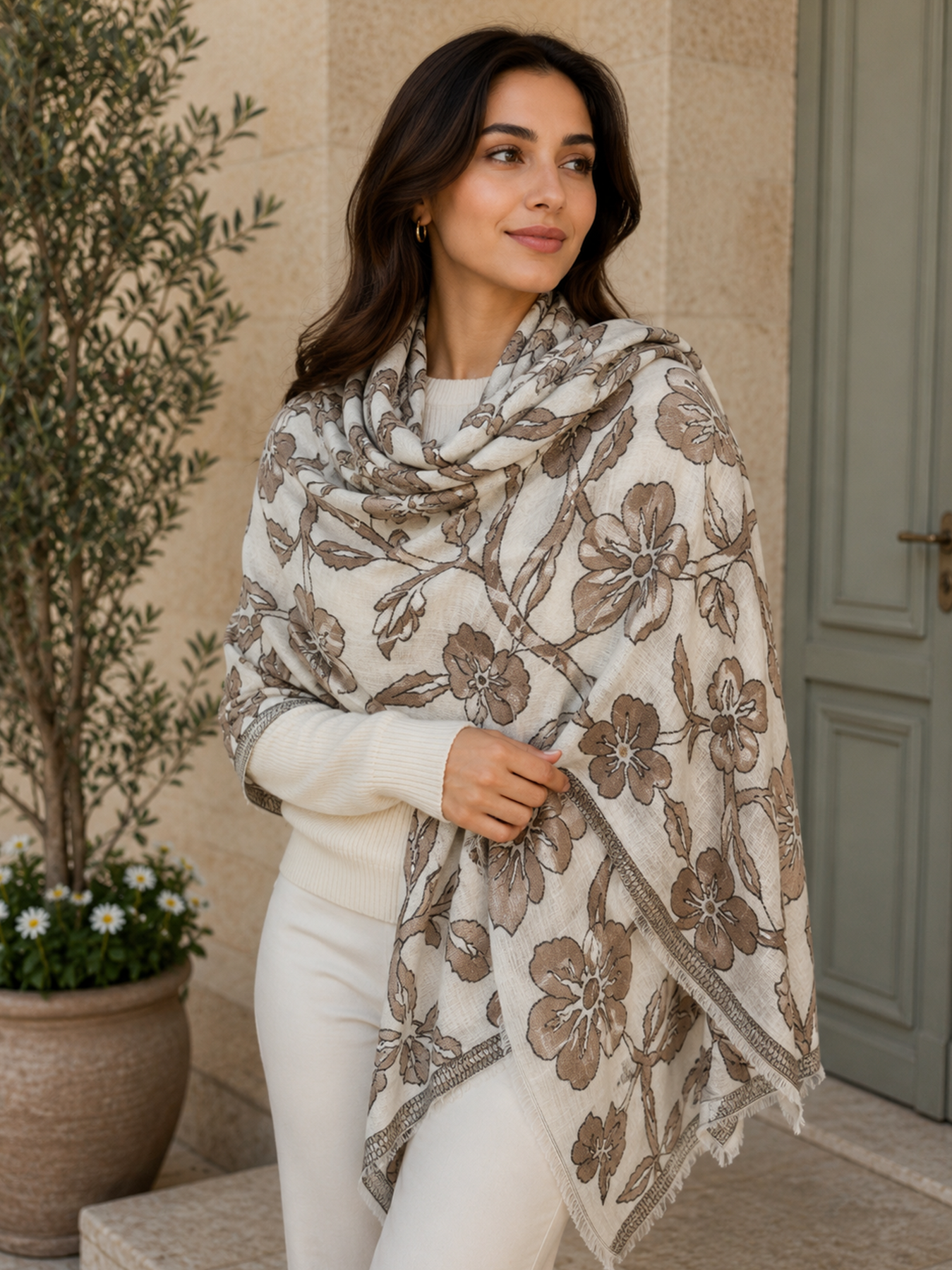 Mocha Blossom Cashmere Blend Stole