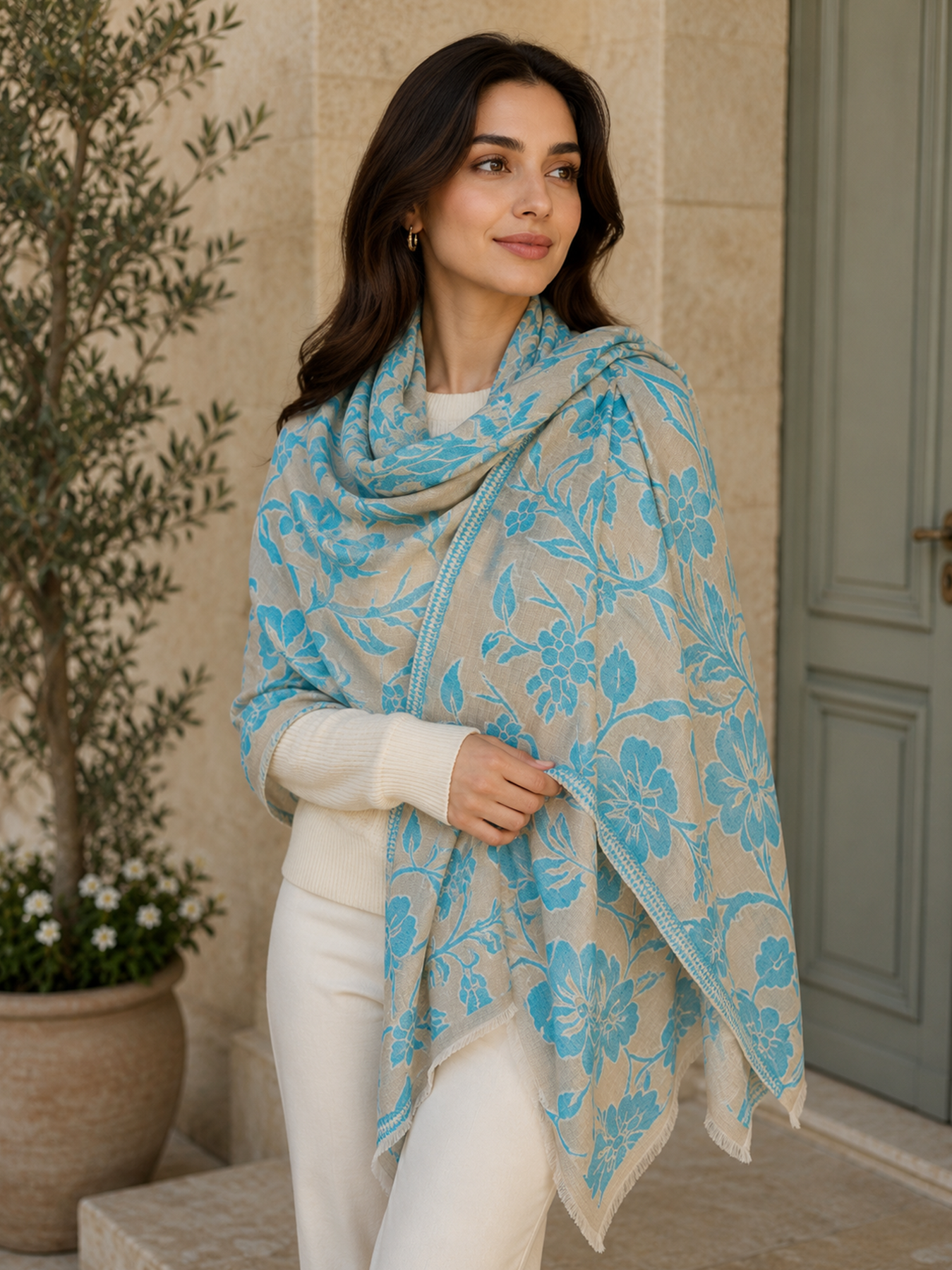 Azure Bloom Cashmere Blend Stole
