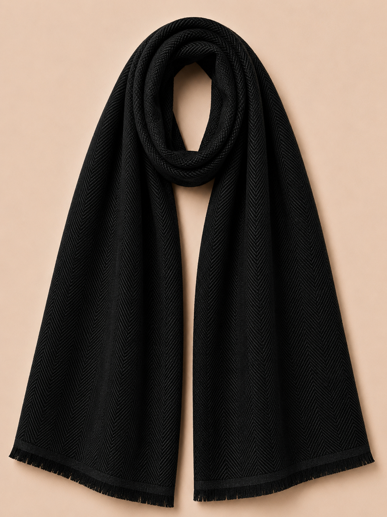 Midnight Black Herringbone Cashmere Blend Stole