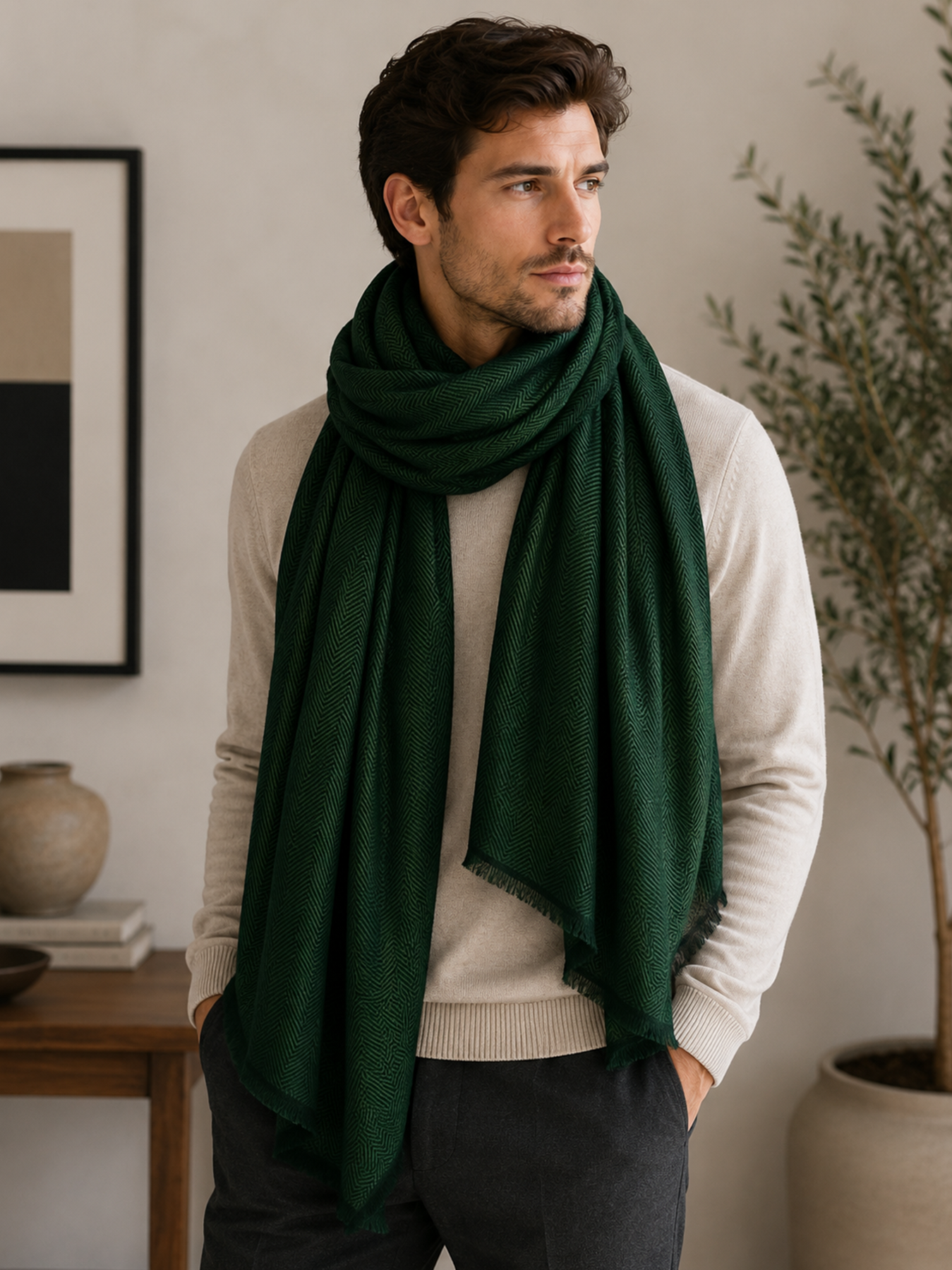 Emerald Green Herringbone Cashmere Blend Stole