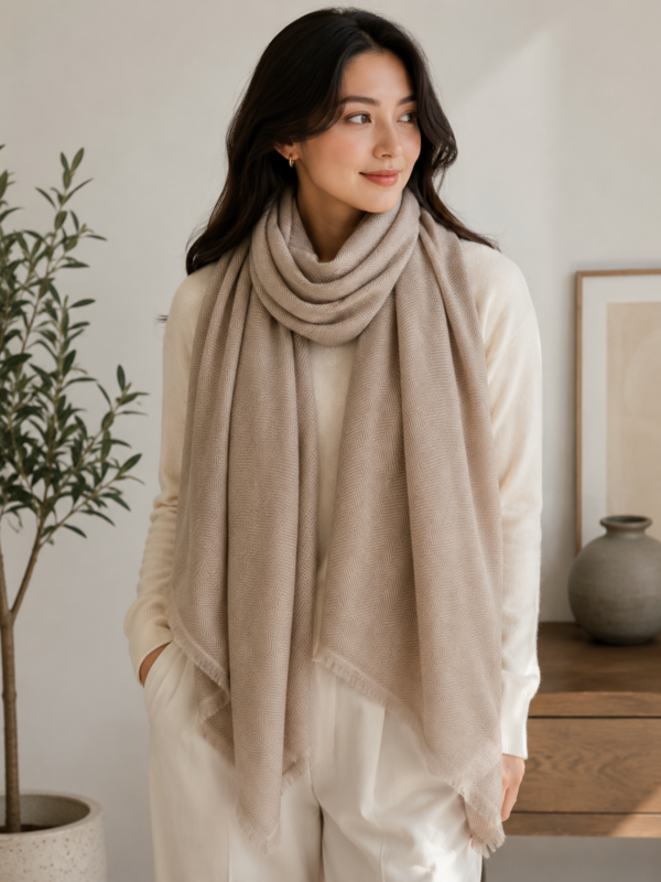 Soft Beige Herringbone Cashmere Blend Stole