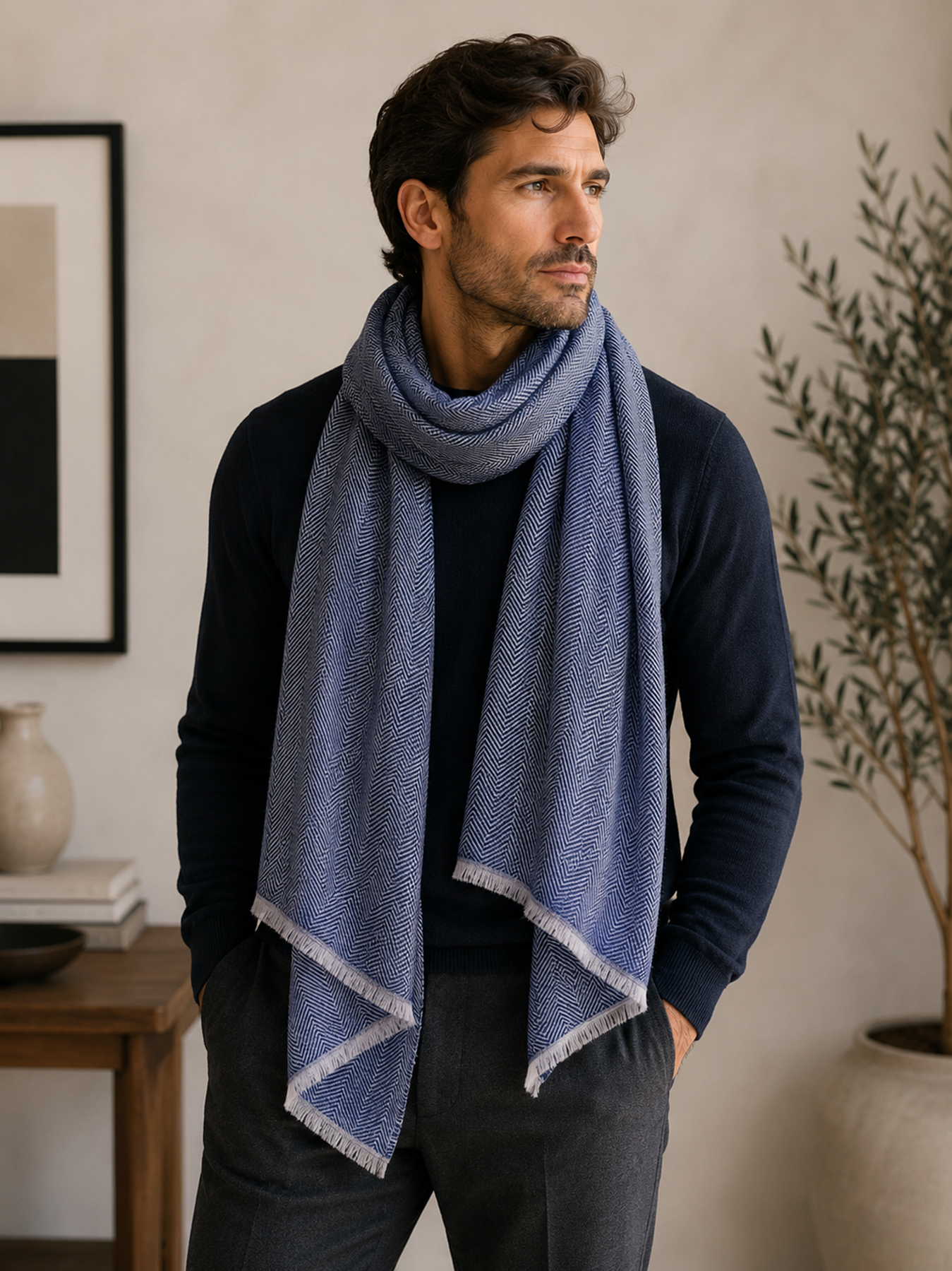 Sapphire Blue Herringbone Cashmere Blend Stole