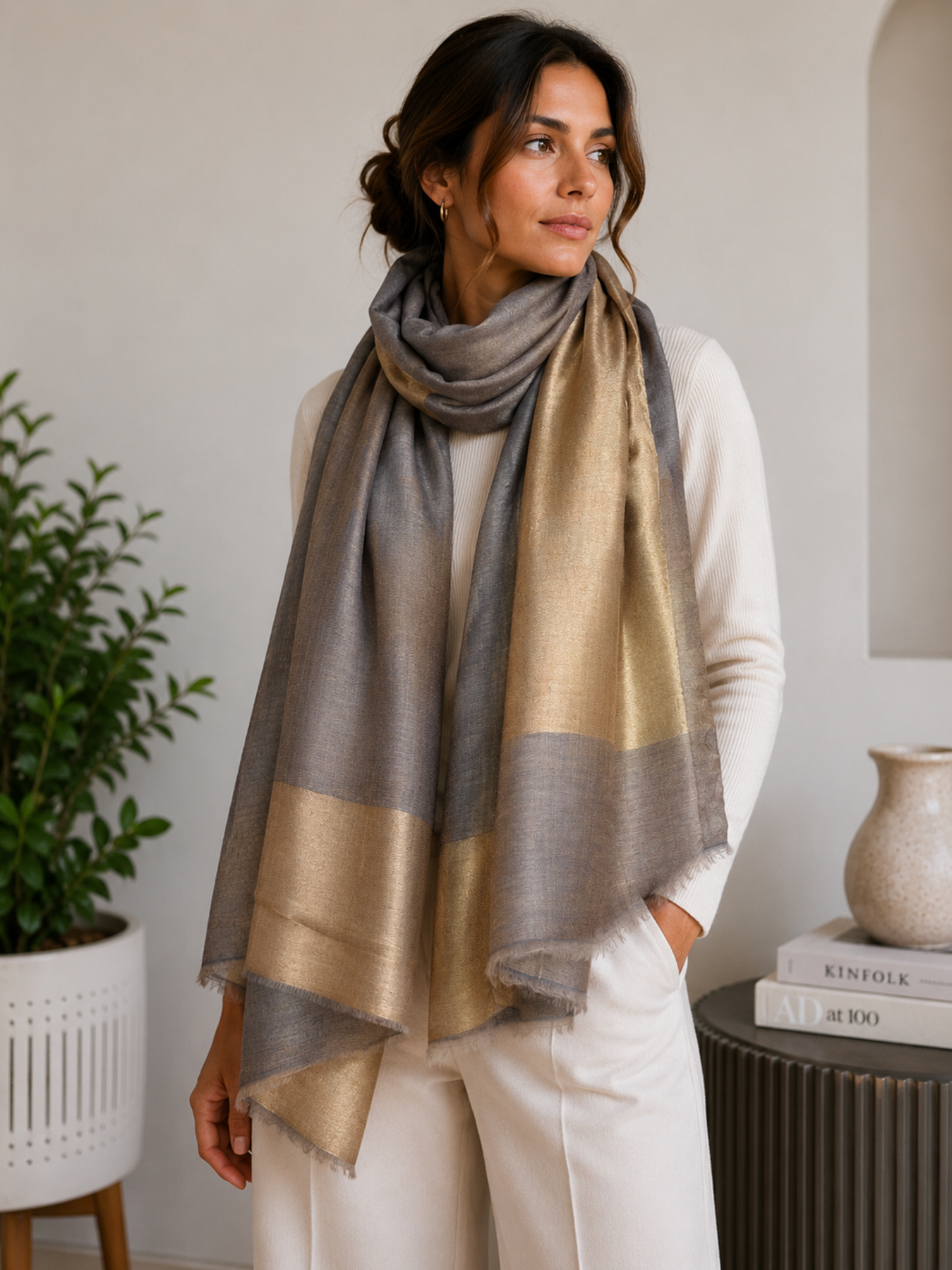 Silver Blue & Champagne Gold Reversible Zari Stole